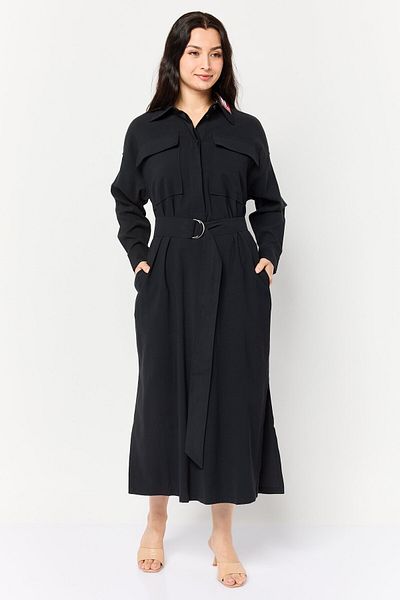 Esprit Women Solid Long Sleeve Midi Dress, Black