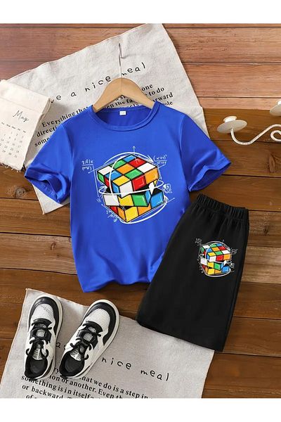 vinraus Girl\Boy Sax Blue-Black Intelligence Cube Printed Shorts-Tshirt Set