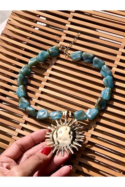 Gözde Tasarım Butik Women's Natural Imported Glass Beaded Bone Sun Pendant