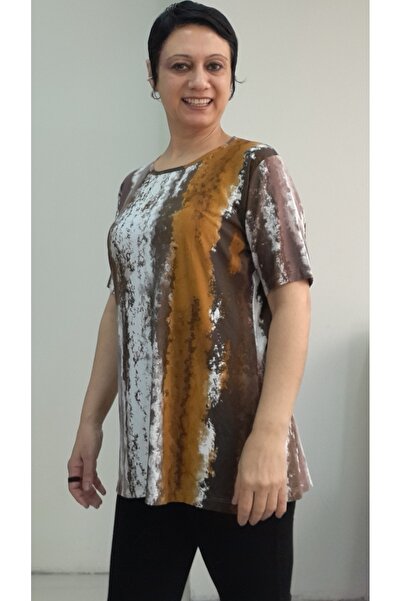 Mertcan Butik Coffee Mustard Color Round Neck Combed Viscose T-Shirt