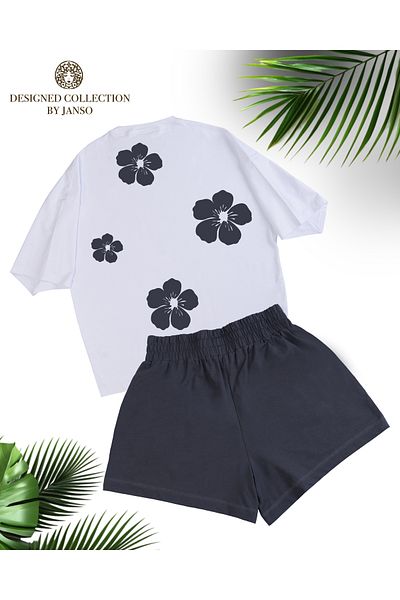 JANSO GROUP Women's Flower Printed Short Sleeve Tshirt-Shorts Set Large Size Cotton