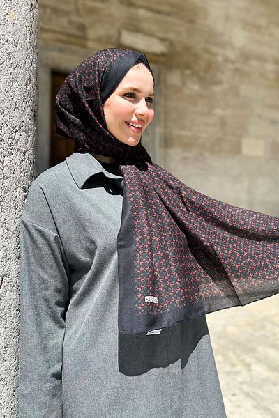 Sultan Eşarp Sultan Fresh Cotton Shawl - Μοτίβο τριφυλλιού - SLF004-03 - Μαύρο, Πλακάκι, Πράσινο