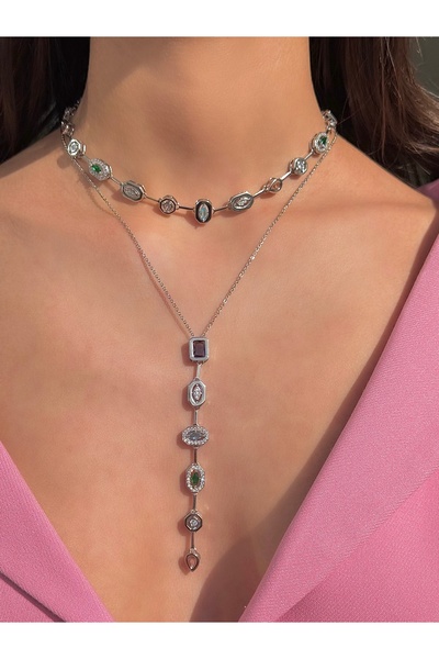 h&b design jewel Renkli Silver Baget Taşlı Kolye