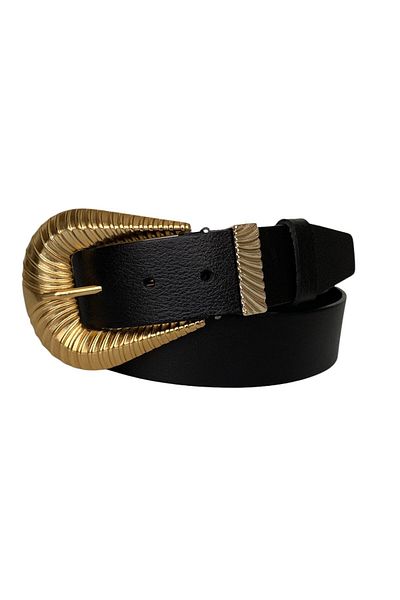 GoDeri 100% Genuine Leather, Large Gold Buckle, Black Women's Jeans Belt with Metal Bridge 4 Cm=an-byn-65