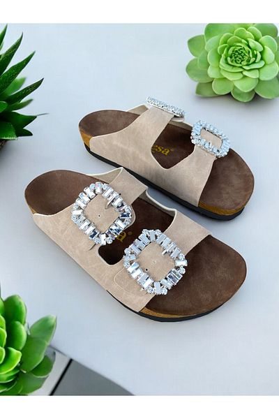 Dilesa Beige Women's Stone Buckle Orthopedic Sole Slippers Double Banded Buckle Daily Comfortable Home & Outdoor Slippers