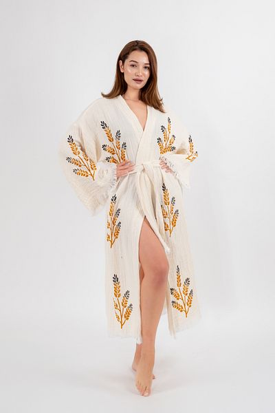 Befera Design Muslin Kimono 100% Cotton Spike Printed Patterned Bathrobe Kaftan Dressing Gown