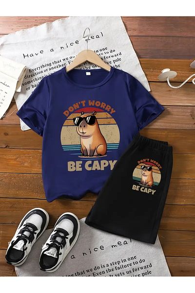 vinraus Girl\Boy Navy Blue-Black Don`T Worry Capybara Printed Combed Cotton Shorts-Tshirt Set