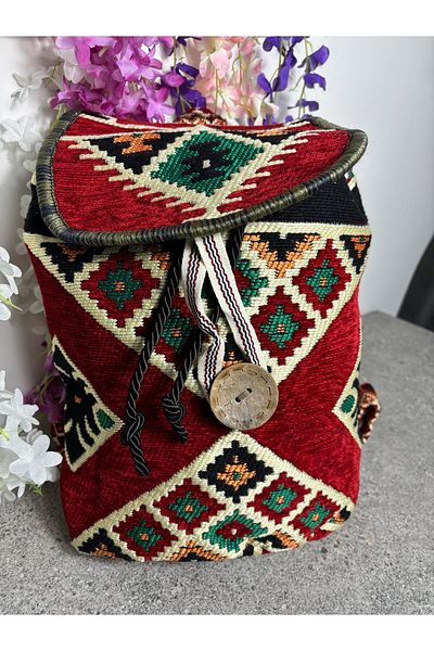 Sobe Hediyelik Red Rug Pattern Woven Backpack |   Authentic Model with Adjustable Strap