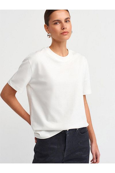 Coral Crew Neck T-Shirt - Ecru with Stitching Details