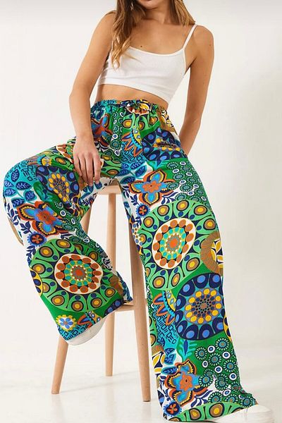 ESSFASIHON Patterned Wide Leg Viscose Trousers with Elastic Waist