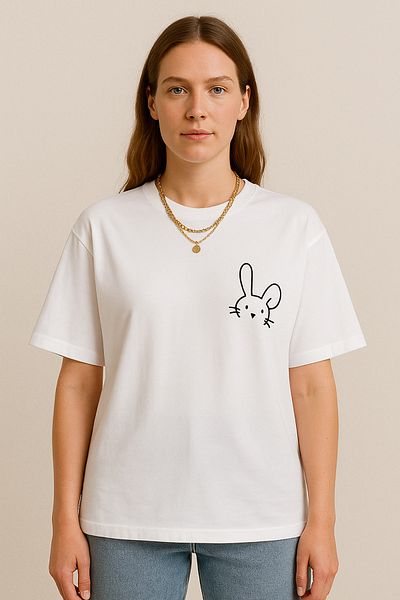 VBSVİBES Women's Rabbit Printed Oversize White T-Shirt