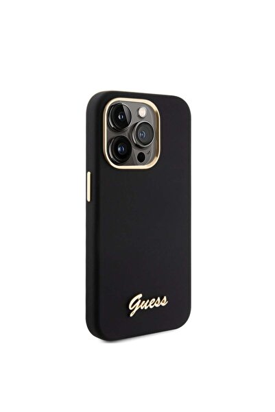 Guess Θήκη σιλικόνης με μεταλλικό λογότυπο και πλαίσιο για iPhone 15 Pro, Guess - Μαύρη