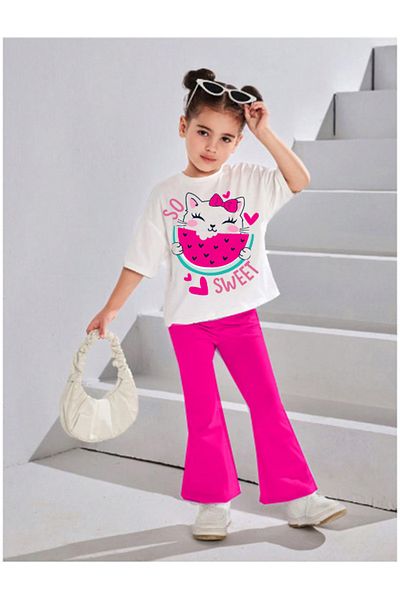 bebekpare Girl's Flared Summer Suit Watermelon Printed