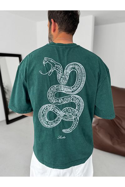BYBASICMAN Dark Green Washed Snake Printed Oversize T-Shirt Res-5247