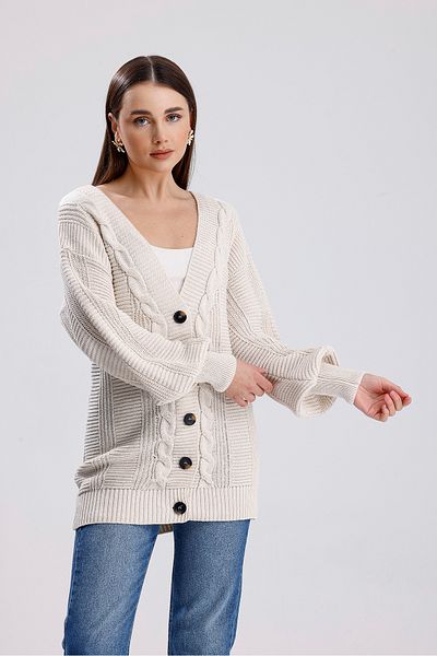 Sun Art Knitting Păr crem tricotat mânecă balon Tricotaj lungi pentru femei Cardigan tricotat (80 cm)