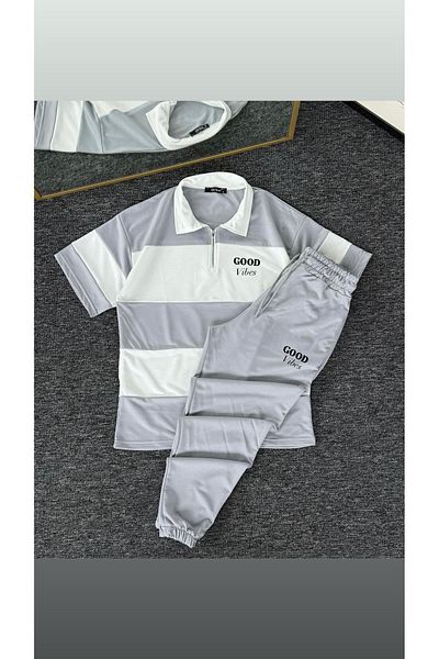 woonkey Unisex Oversize Striped Good Vibes Printed Polo Neck Tracksuit Set of 2