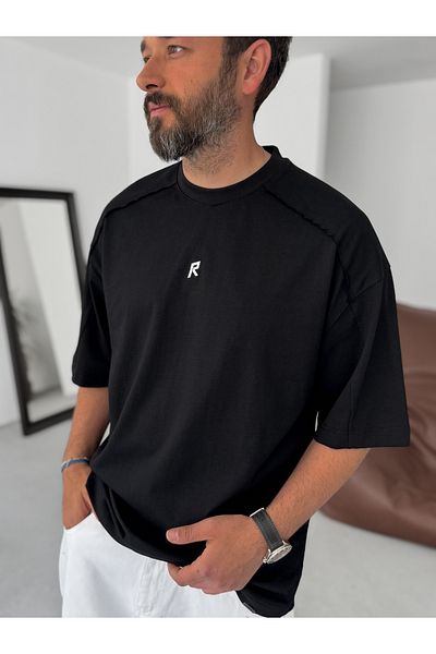 BYBASICMAN Black Shiny R Printed Oversize T-Shirt Res-5237