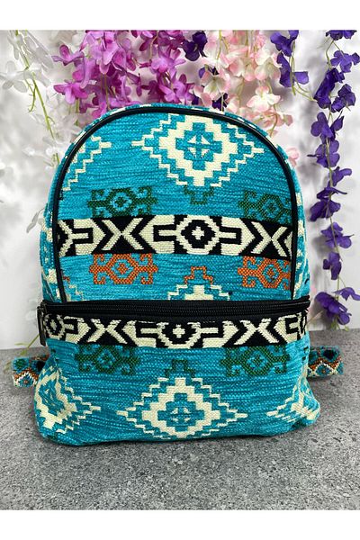 Sobe Hediyelik Rucsac etnic cu model turcoaz Kilim - Mini geantă cu curea reglabilă și fermoar