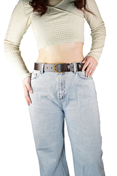 GoDeri %100 Hakiki Deri, Gold Tokalı Koyu Kahverengi Kadın Kot, Spor Kemer 4 Cm=an-byn-12