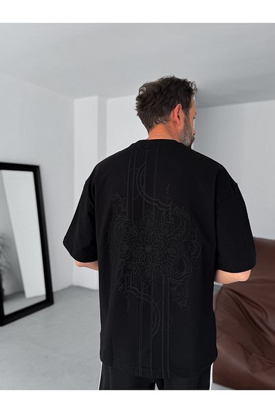 BYBASICMAN Black Embroidered Patterned Oversize T-Shirt Res-5125
