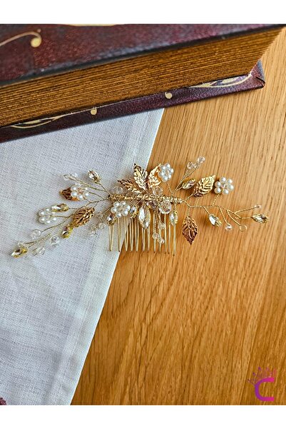 Cinderella Zarif İnci Detaylı Kristal Taşlı Yapraklı Gelin Tacı Gold - Nişan Nikah Kına Söz Saç Aksesuarı