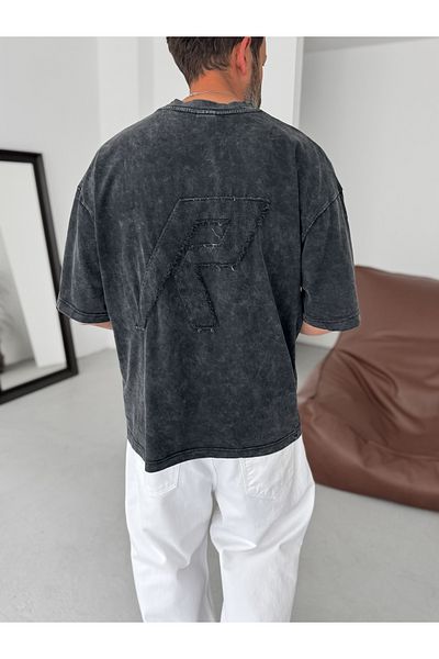 BYBASICMAN Black Washed R Embroidered Oversize T-Shirt Res-5222