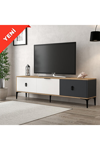 3801 Neva TV Unit 180 Cm 3 Covered Basket - Anthracite - White TV Stand