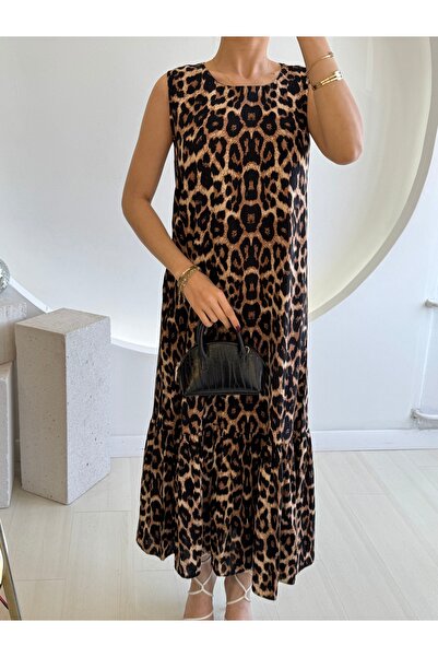 FEHUBLOOM Sleeveless Leopard Pattern Long Dress