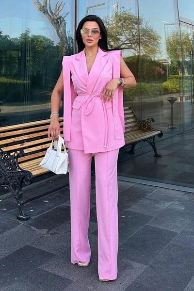 msm fashion Women's Bottom Top Two Piece Suit Shoulder Detail Belt Sleeveless Blazer Jacket Pants Set