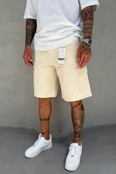 MADZEYMODA Beige Denim Fabric Men's Cargo Pocket Jean Jeans Shorts Ke-567