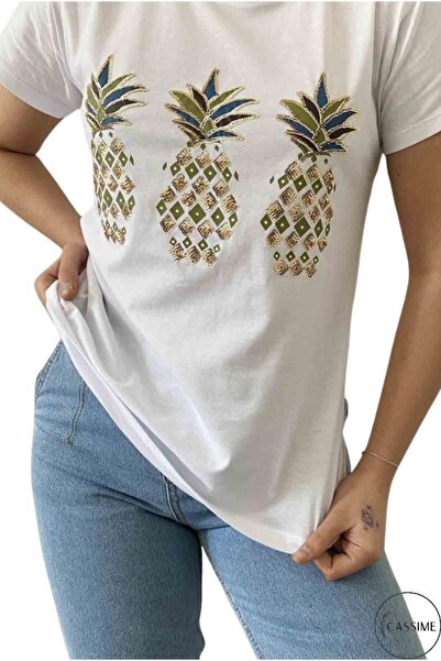 Cassime Tricou cu mânecă scurtă, cu decolteu în V, 100% bumbac, brodat cu pai...