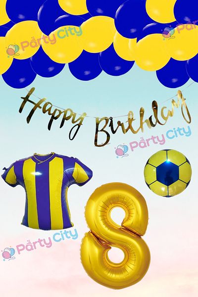 Party City Σετ μπαλόνι με θέμα τον θαυμαστή 8 ετών Κίτρινο-ναυτικό μπαλόνι με φόρμα μπάλα με φύλλο μπαλόνι με αριθμό αλουμινόχαρτο Concept