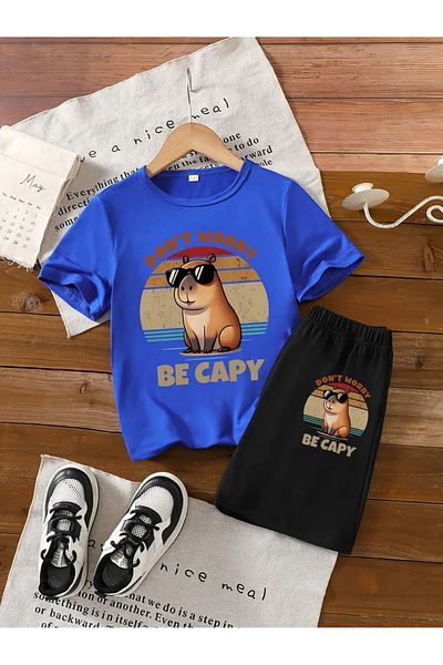 vinraus Girl\Boy Sax Blue-Black Don`T Worry Capybara Printed Combed Cotton Shorts-Tshirt Set