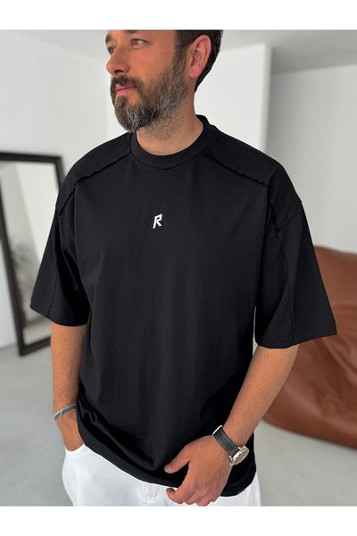 BYBASICMAN Black Shiny R Printed Oversize T-Shirt Res-5237