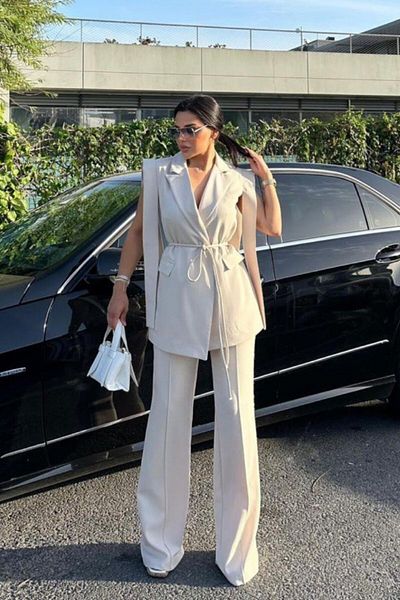 msm fashion Women's Bottom Top Two Piece Suit Shoulder Detail Belt Sleeveless Blazer Jacket Pants Set