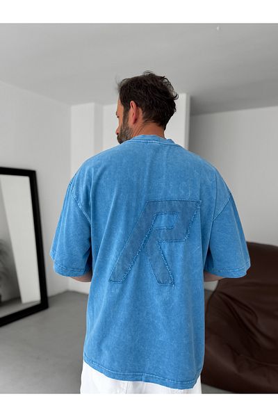 BYBASICMAN Blue Washed R Embroidered Oversize T-Shirt Res-5222