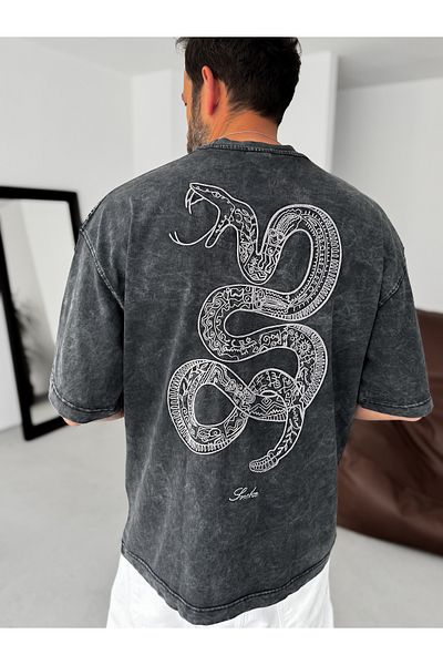 BYBASICMAN Black Washed Snake Printed Oversize T-Shirt Res-5247