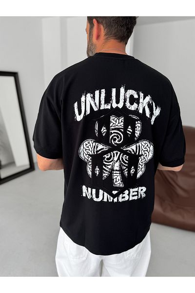 BYBASICMAN Black Unlucky Number Printed Oversize T-Shirt Res-5183