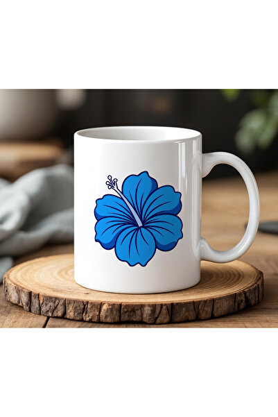 Generic Brand White Ceramic Printed Mug Cup with Turquoise Flower Design 330ml