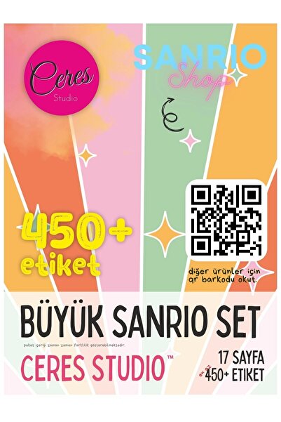 Ceres Studio Büyük Sanrio Sticker Set Hello Kitty Kuromi 17 Sayfa 450'den Fazla Sticker Etiket (425)