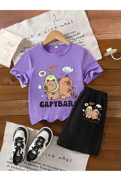 vinraus Girl\Boy Lilac-Black Cute Capybara Printed Combed Cotton Shorts-Tshirt Set