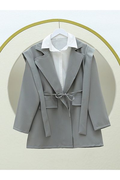 Modamorfo Pocket Detailed Tie Waist Jacket - Gray