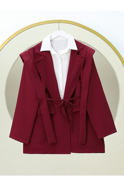 Modamorfo Pocket Detailed Tie Waist Jacket - Burgundy