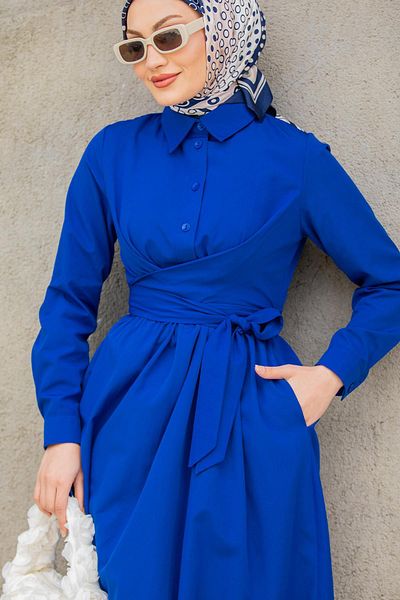 Tesettür Çarşım Qua Cotton Cotton Tie Dress-Saks