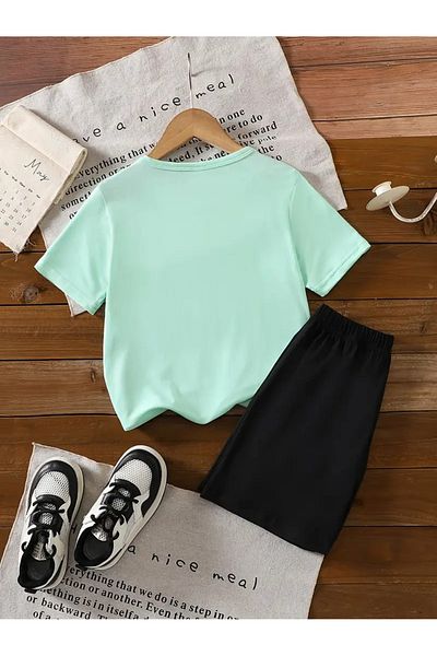 vinraus Girl\Boy Water Green-Black Cute Capybara Printed Combed Cotton Shorts-Tshirt Set