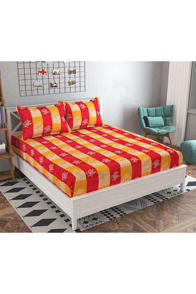 TSUMAB Vivid Red & Yellow Checkered Floral Bedding Set - Bold Pattern Bed Sheet for Vibrant Bedrooms