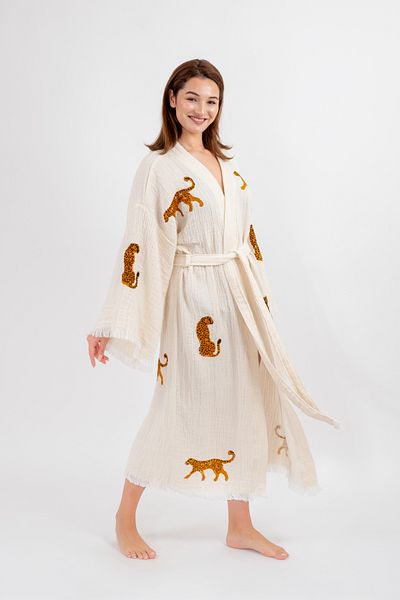 Befera Design Kimono muselină 100% bumbac halat de baie cu imprimeu leopard Rochie caftan