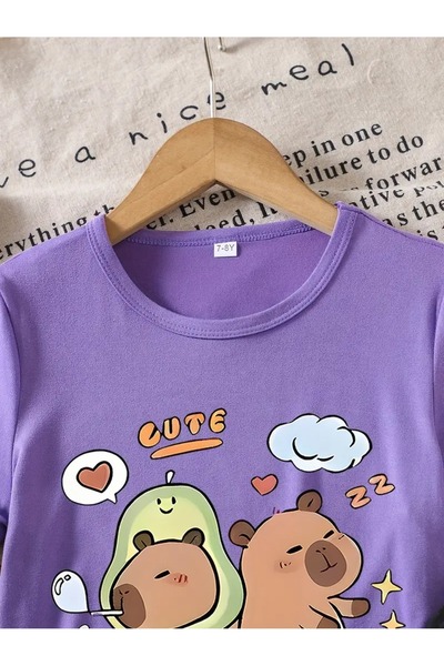 vinraus Girl\Boy Lilac-Black Cute Capybara Printed Combed Cotton Shorts-Tshirt Set