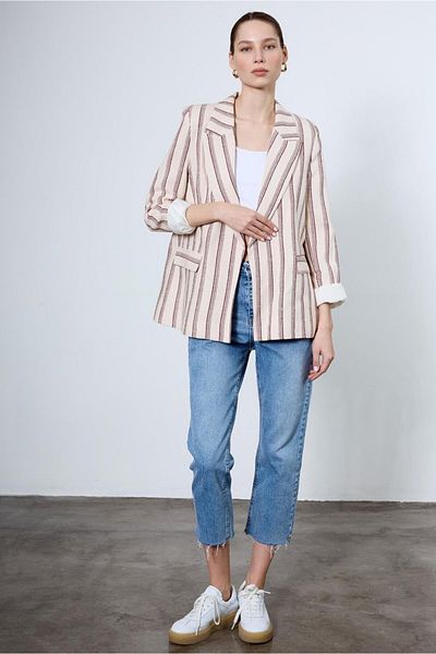 FEMMESTUDIO Jachetă blazer de damă crem bordeaux cu detaliu linie