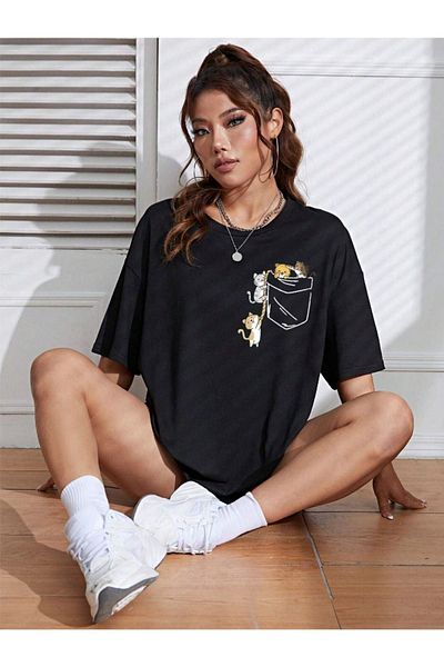 VBSVİBES Unisex Women/Men Cat Colorful Custom Printed Oversize Crew Neck Single Jersey T-Shirt